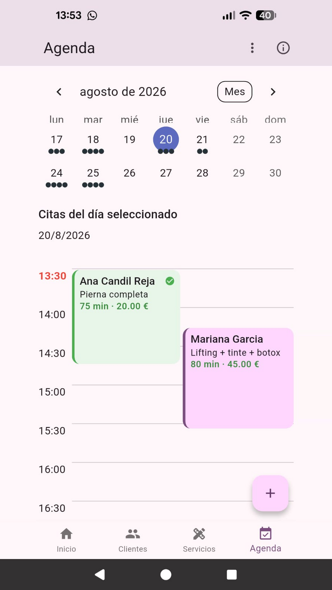 Pantalla Agenda de Agenda Core con calendario semanal y citas del día