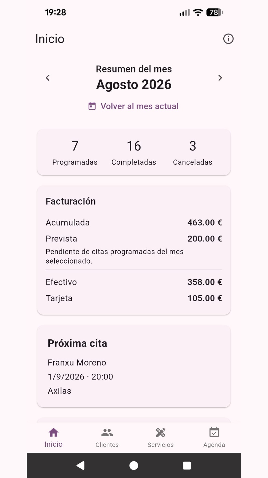 Pantalla Inicio de Agenda Core con resumen mensual, facturación y próxima cita